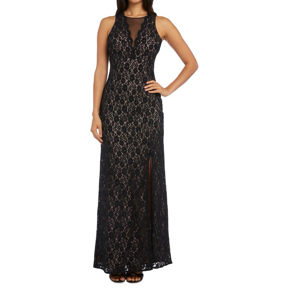 Nightway Lace Sequin Side Slit Sleeveless Black Dress Size 10 Sexy Romantic Gown